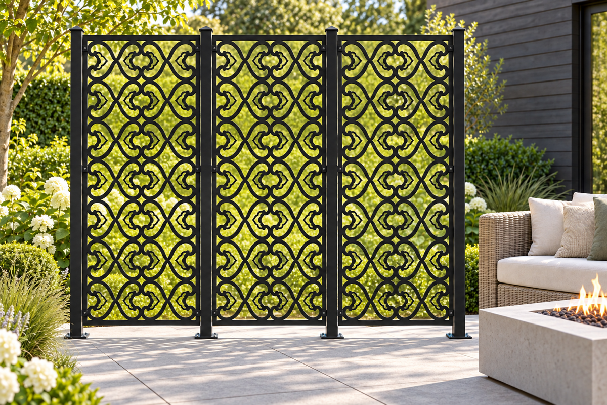 Design 400 Quatrefoil Ribbon Lattice Laser Cut Metal Privacy Screen Panel installed garden daylight view