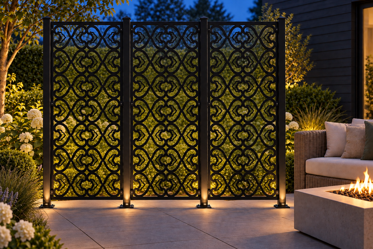 Design 400 Quatrefoil Ribbon Lattice Laser Cut Metal Privacy Screen Panel installed garden night lighting view