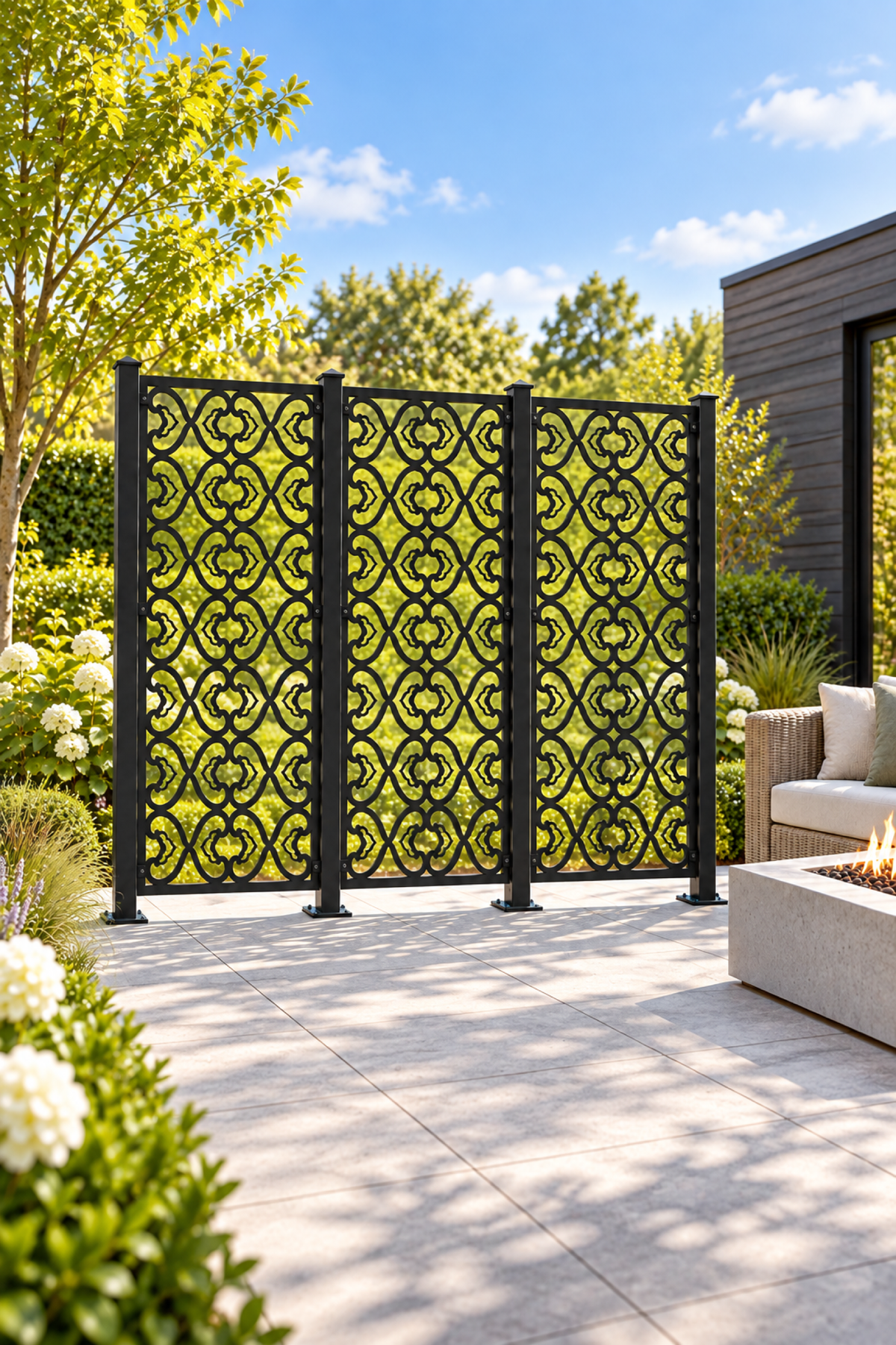 Design 400 Quatrefoil Ribbon Lattice Laser Cut Metal Privacy Screen Panel oblique angle view
