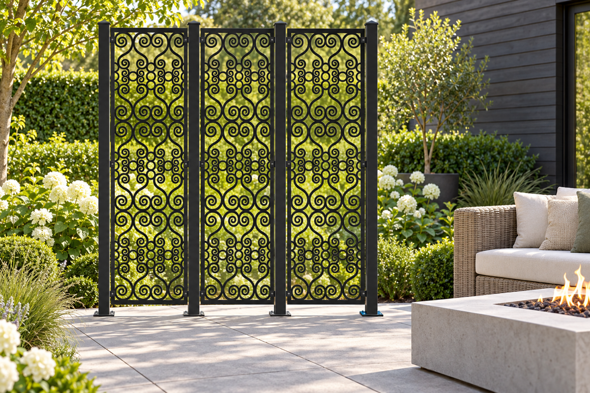Design 401 Crowned Cloud Column Laser Cut Metal Privacy Screen Panel installed garden daylight view