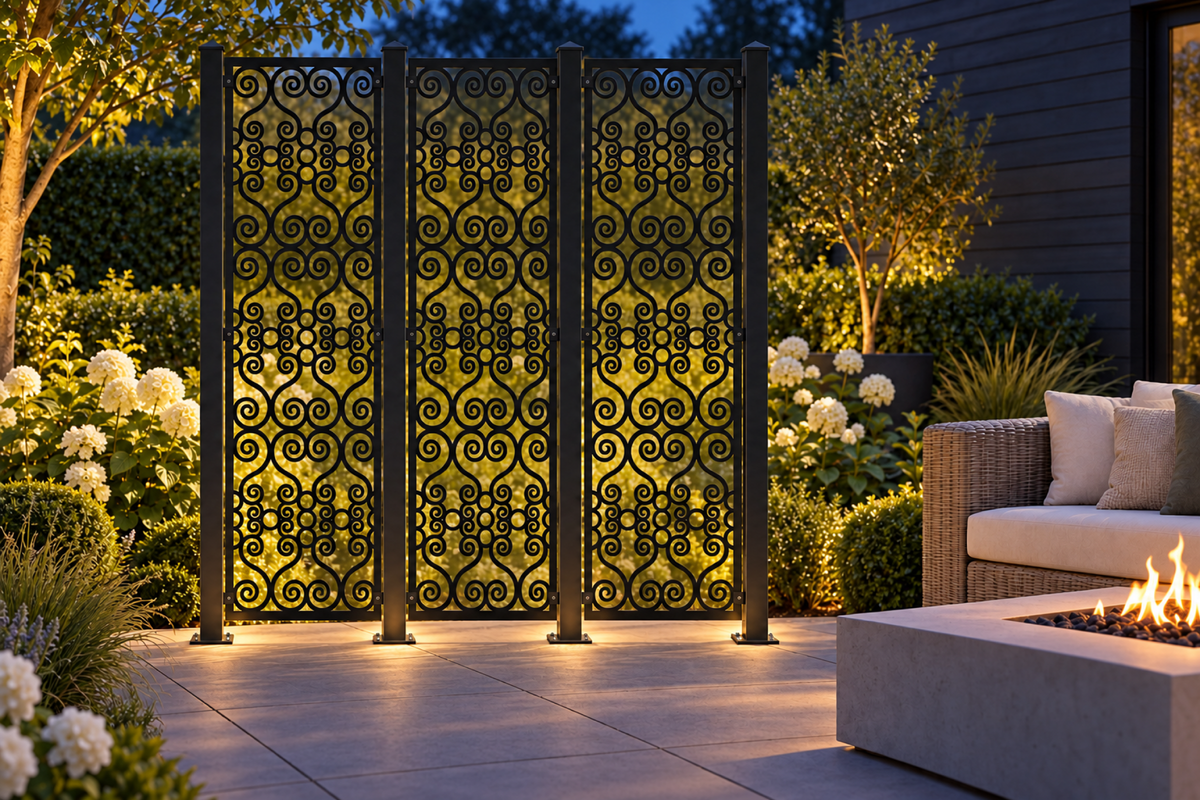 Design 401 Crowned Cloud Column Laser Cut Metal Privacy Screen Panel installed garden night lighting view