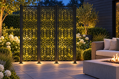 Design 401 Crowned Cloud Column Laser Cut Metal Privacy Screen Panel installed garden night lighting view