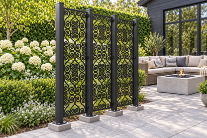 Design 402 Teardrop Cloud Medallions Laser Cut Metal Privacy Screen Panel installed garden daylight view