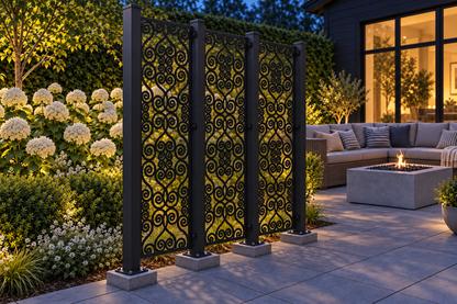 Design 402 Teardrop Cloud Medallions Laser Cut Metal Privacy Screen Panel installed garden night lighting view