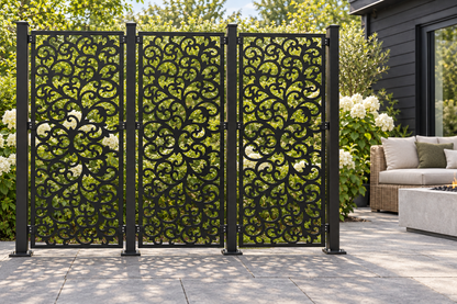 Design 403 Dense Botanical Scroll Laser Cut Metal Privacy Screen Panel installed garden daylight view