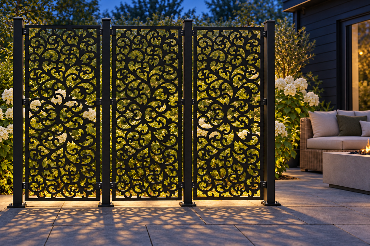 Design 403 Dense Botanical Scroll Laser Cut Metal Privacy Screen Panel installed garden night lighting view
