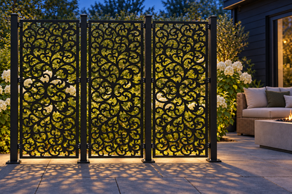 Design 403 Dense Botanical Scroll Laser Cut Metal Privacy Screen Panel installed garden night lighting view