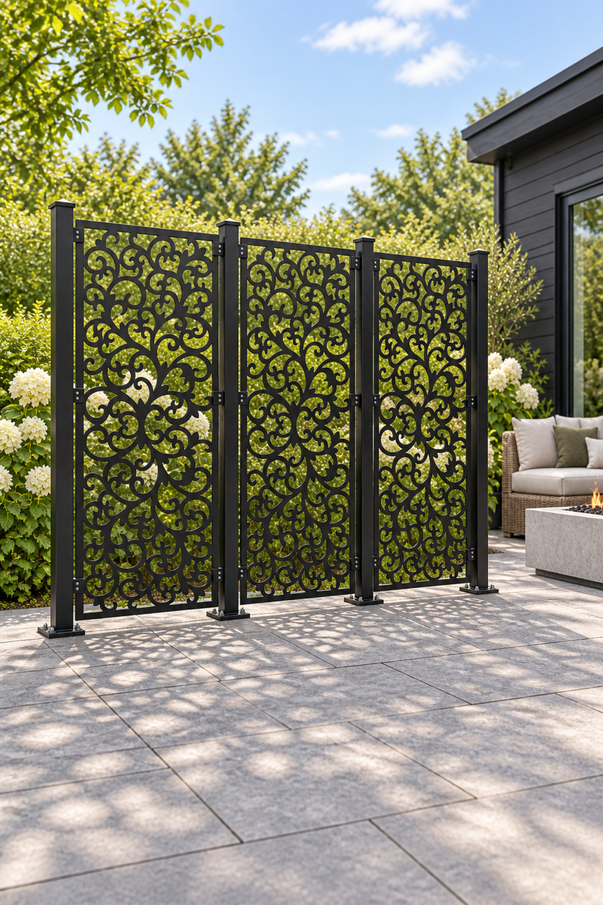 Design 403 Dense Botanical Scroll Laser Cut Metal Privacy Screen Panel oblique angle view