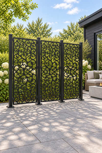 Design 403 Dense Botanical Scroll Laser Cut Metal Privacy Screen Panel oblique angle view