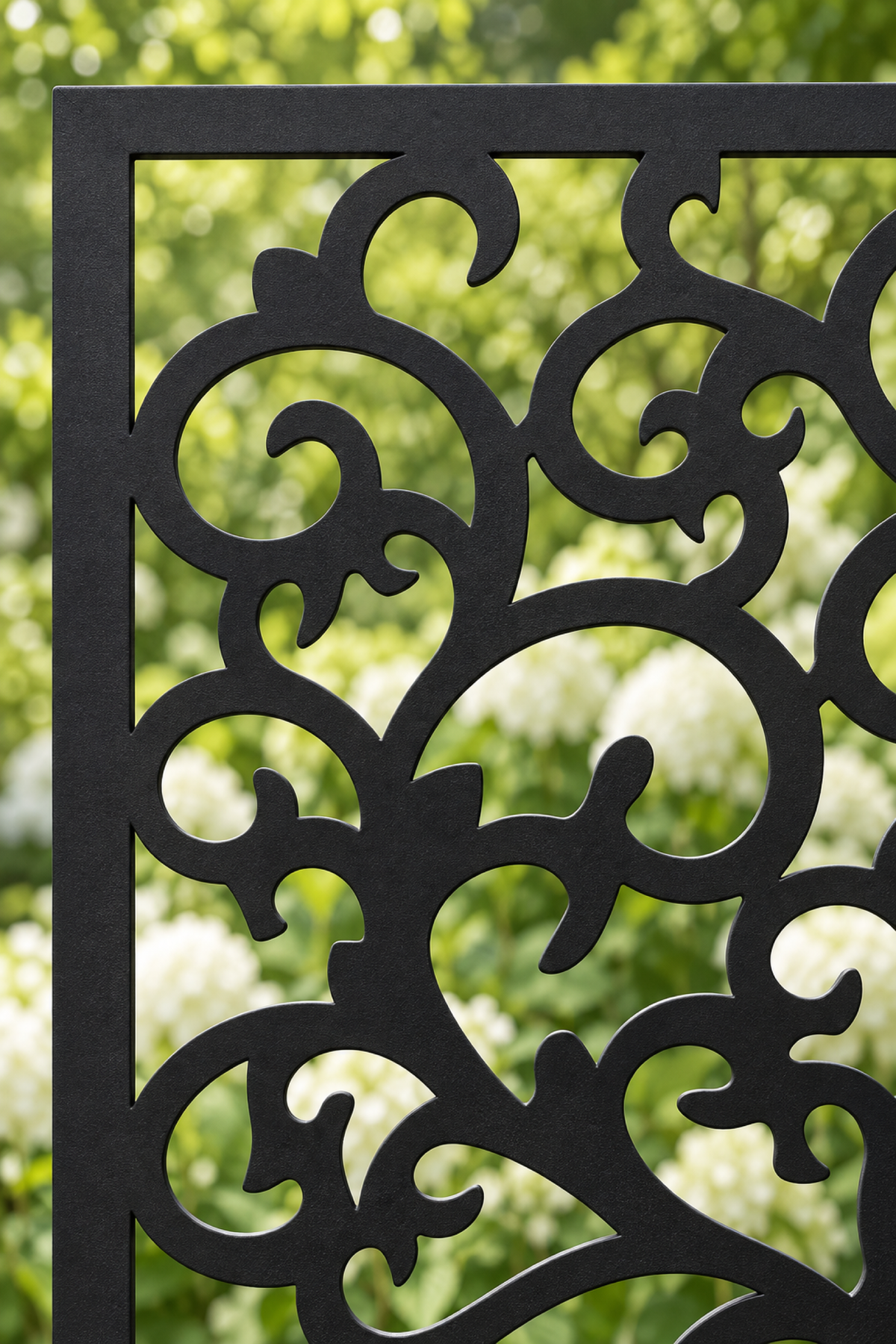 Design 403 Dense Botanical Scroll Laser Cut Metal Privacy Screen Panel close-up detail view