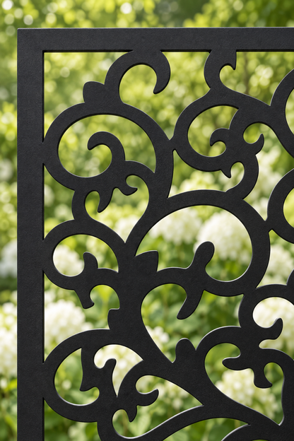 Design 403 Dense Botanical Scroll Laser Cut Metal Privacy Screen Panel close-up detail view