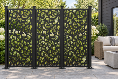 Design 404 Layered Leaf Burst Laser Cut Metal Privacy Screen Panel installed garden daylight view