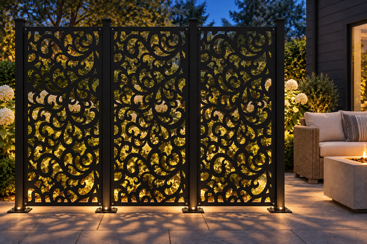 Design 404 Layered Leaf Burst Laser Cut Metal Privacy Screen Panel installed garden night lighting view