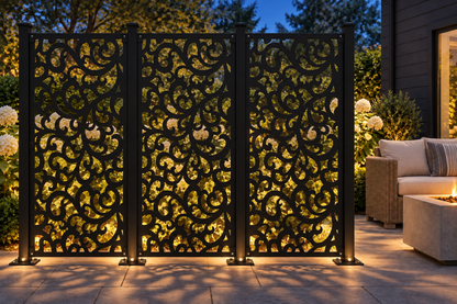 Design 404 Layered Leaf Burst Laser Cut Metal Privacy Screen Panel installed garden night lighting view