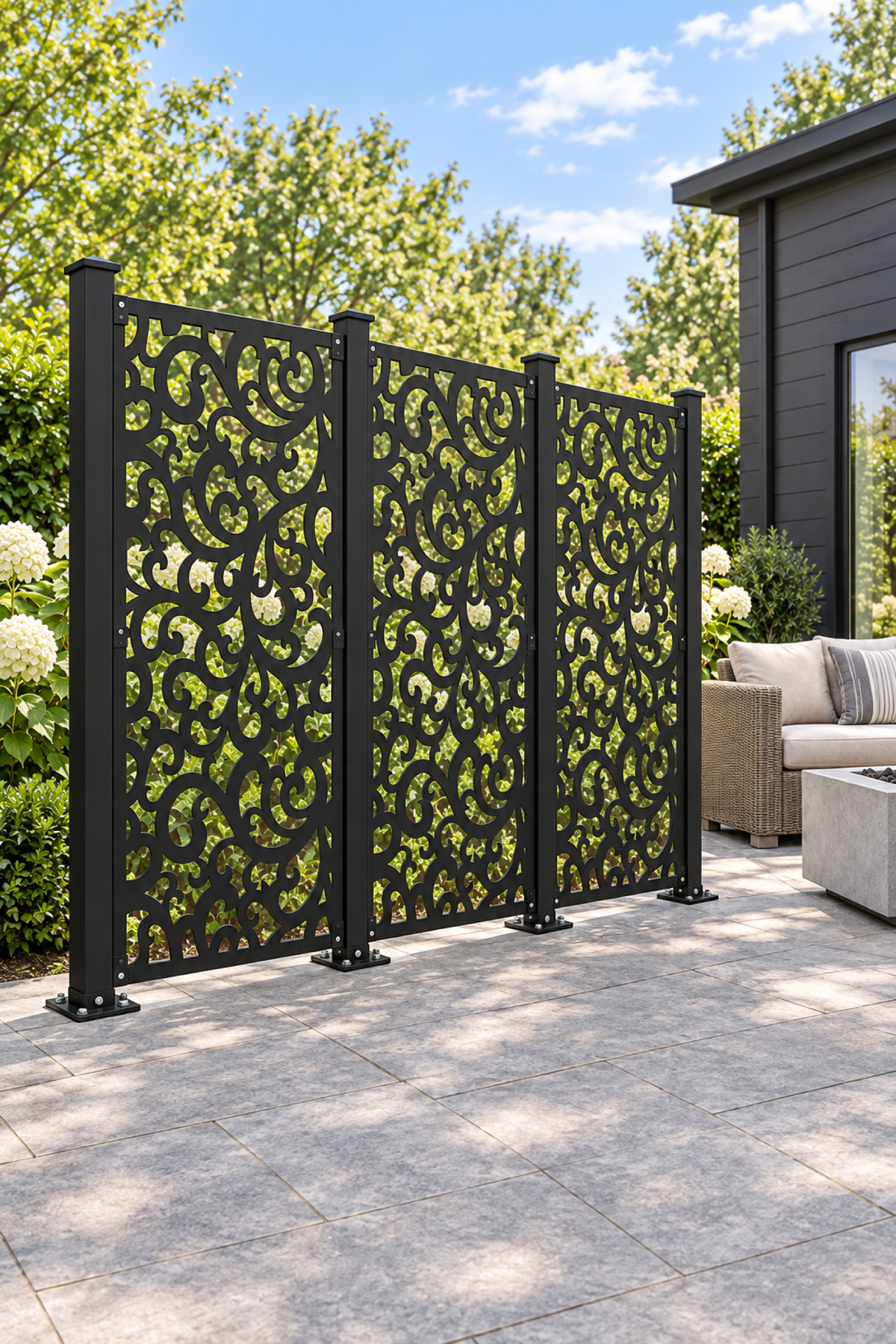 Design 404 Layered Leaf Burst Laser Cut Metal Privacy Screen Panel oblique angle view