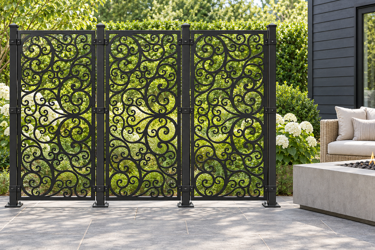 Design 405 Airy Vine Scroll Laser Cut Metal Privacy Screen Panel installed garden daylight view