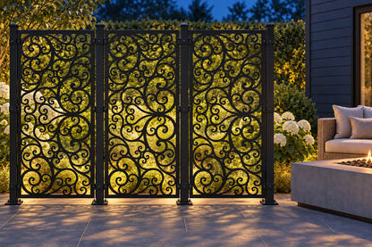 Design 405 Airy Vine Scroll Laser Cut Metal Privacy Screen Panel installed garden night lighting view