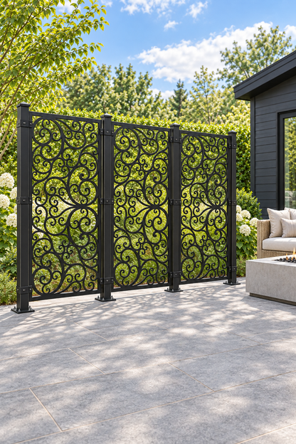 Design 405 Airy Vine Scroll Laser Cut Metal Privacy Screen Panel oblique angle view