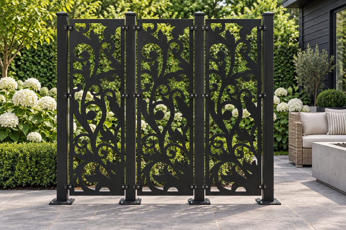 Design 406 Lotus Stem Silhouette Laser Cut Metal Privacy Screen Panel installed garden daylight view