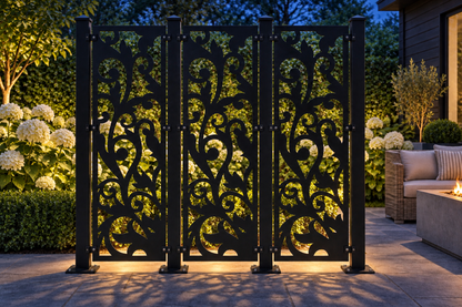Design 406 Lotus Stem Silhouette Laser Cut Metal Privacy Screen Panel installed garden night lighting view