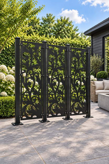 Design 406 Lotus Stem Silhouette Laser Cut Metal Privacy Screen Panel oblique angle view