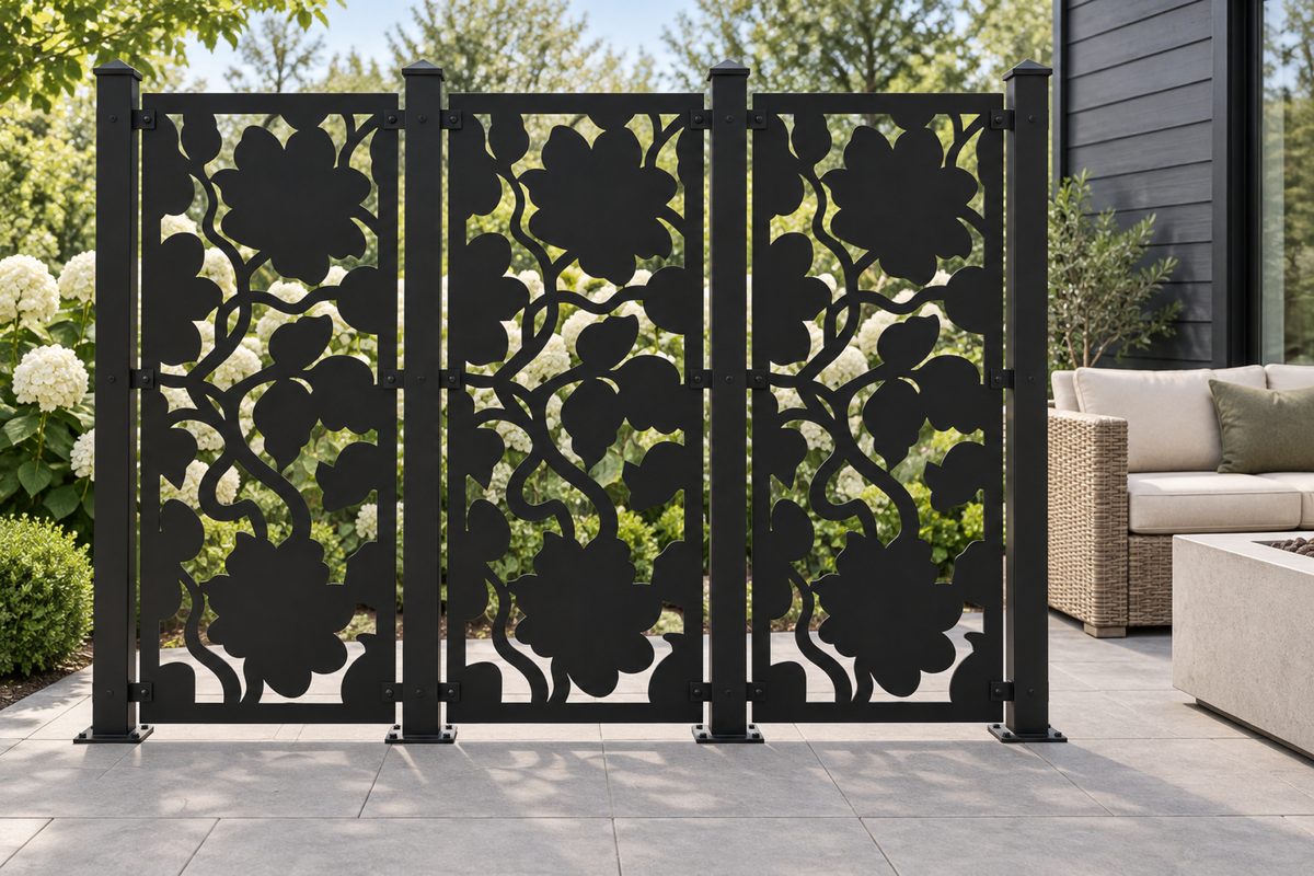 Design 407 Bold Floral Shadow Laser Cut Metal Privacy Screen Panel installed garden daylight view