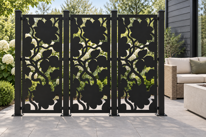 Design 407 Bold Floral Shadow Laser Cut Metal Privacy Screen Panel installed garden daylight view
