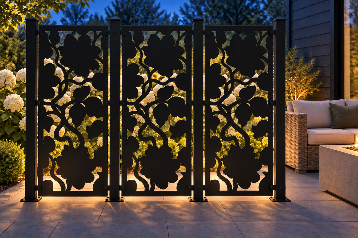 Design 407 Bold Floral Shadow Laser Cut Metal Privacy Screen Panel installed garden night lighting view