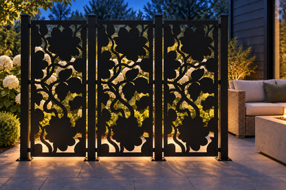 Design 407 Bold Floral Shadow Laser Cut Metal Privacy Screen Panel installed garden night lighting view