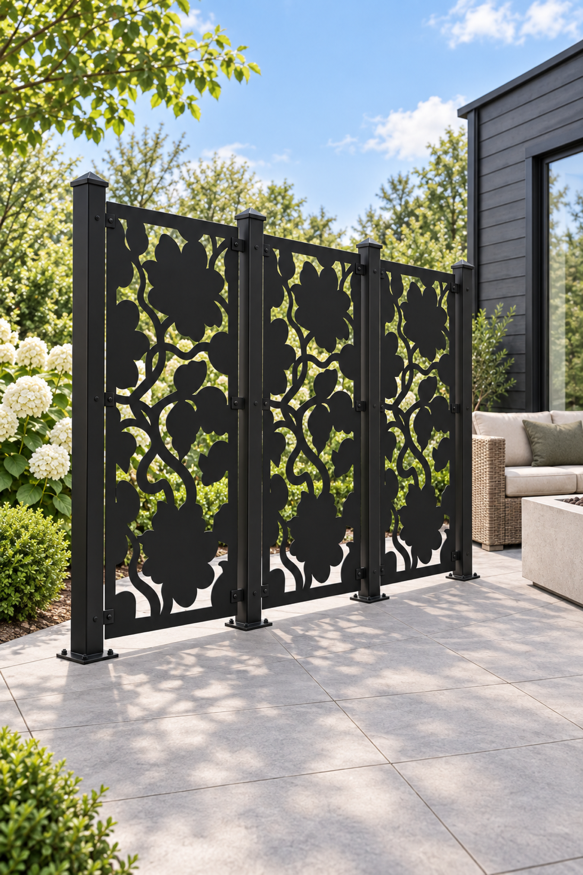 Design 407 Bold Floral Shadow Laser Cut Metal Privacy Screen Panel oblique angle view