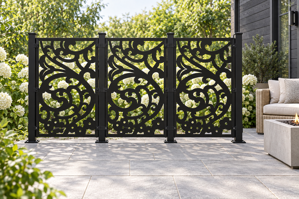 Design 408 Flower and Berry Branch Laser Cut Metal Privacy Screen Panel installed garden daylight view