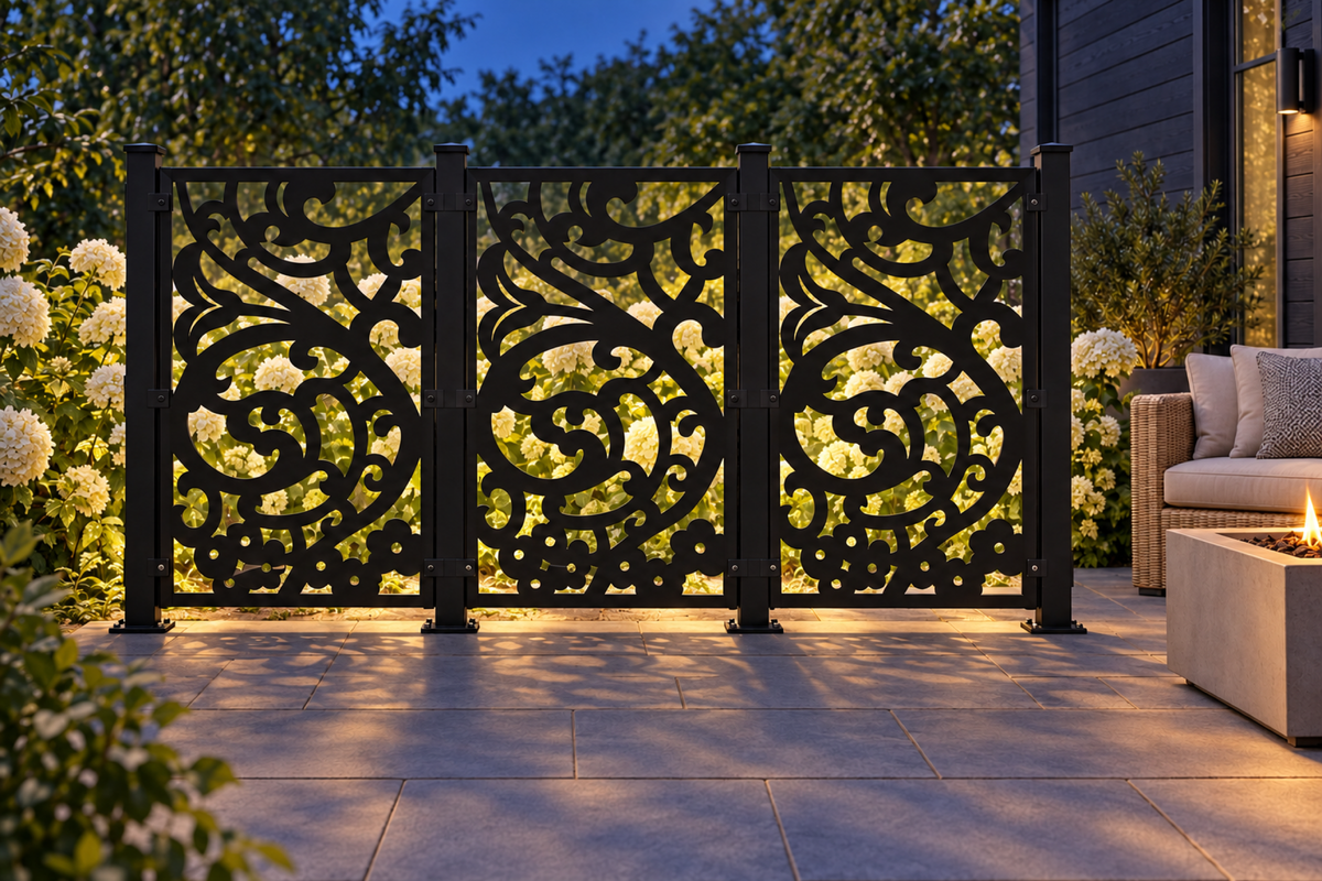 Design 408 Flower and Berry Branch Laser Cut Metal Privacy Screen Panel installed garden night lighting view