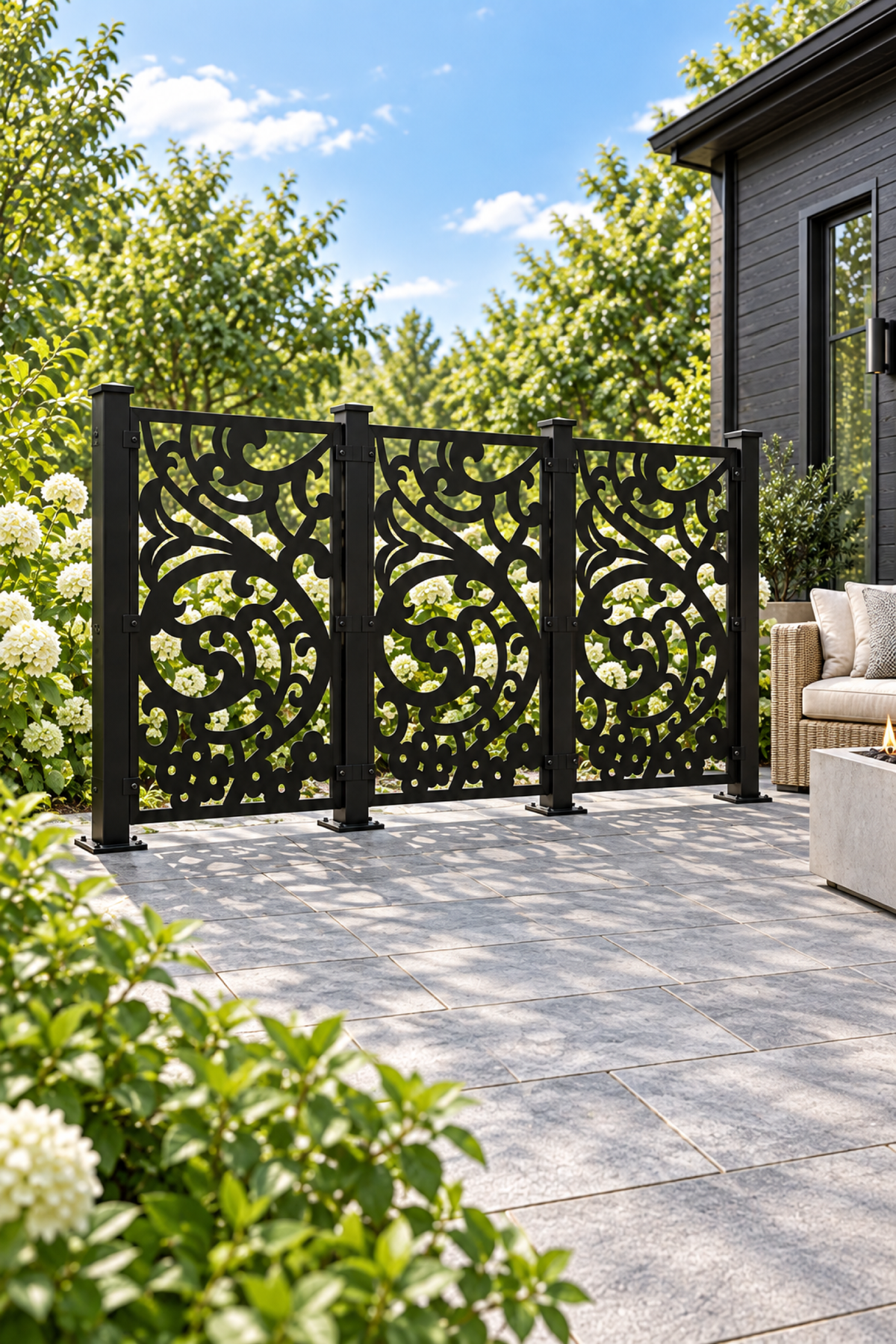 Design 408 Flower and Berry Branch Laser Cut Metal Privacy Screen Panel oblique angle view