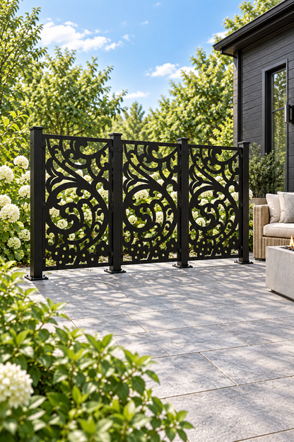 Design 408 Flower and Berry Branch Laser Cut Metal Privacy Screen Panel oblique angle view