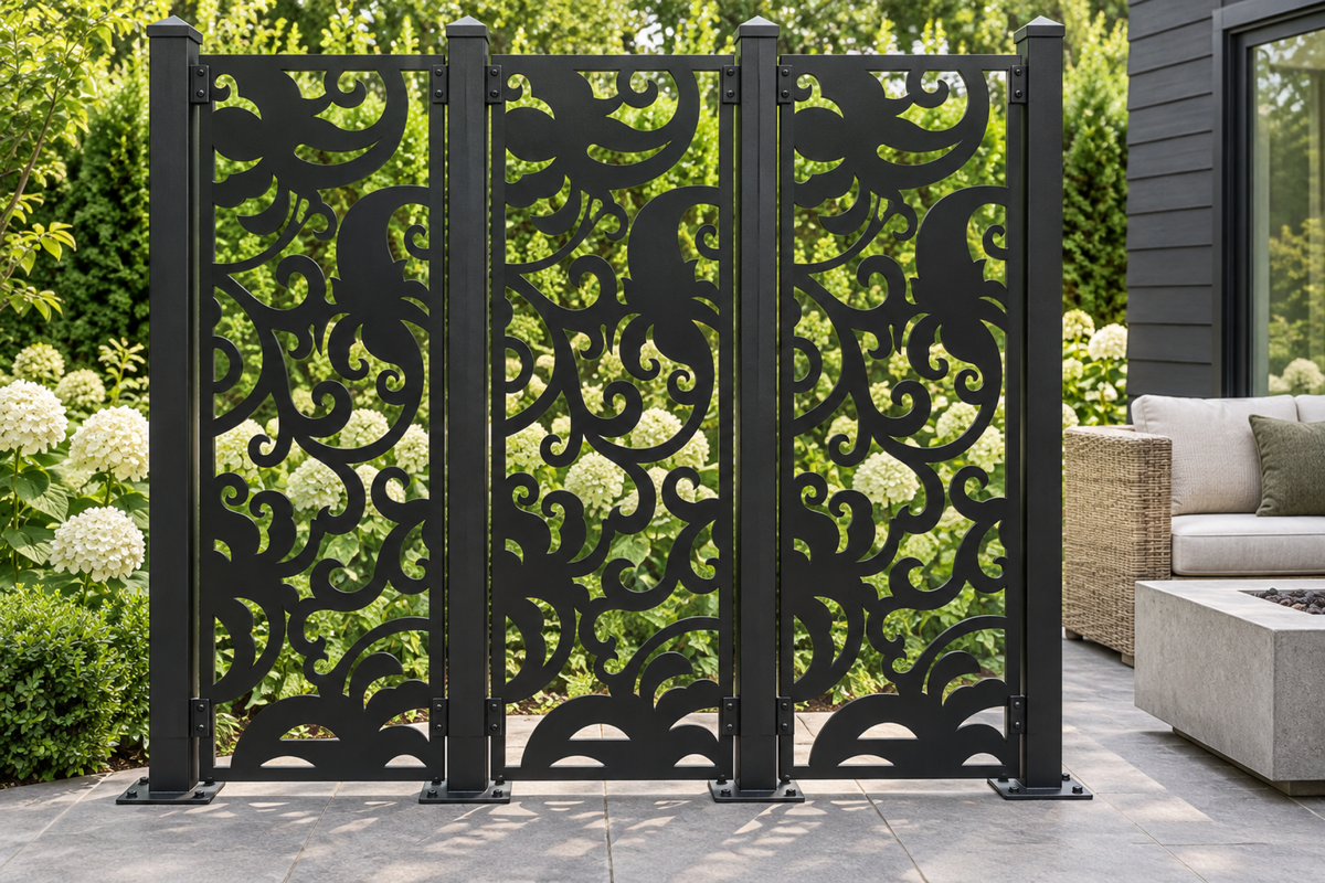 Design 409 Bold Cloud Leaf Laser Cut Metal Privacy Screen Panel installed garden daylight view