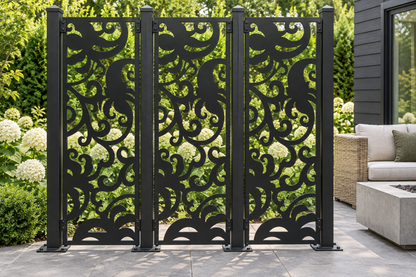 Design 409 Bold Cloud Leaf Laser Cut Metal Privacy Screen Panel installed garden daylight view