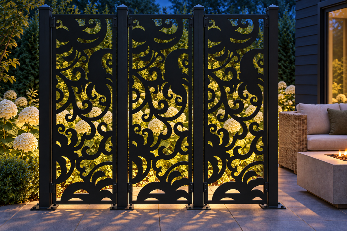 Design 409 Bold Cloud Leaf Laser Cut Metal Privacy Screen Panel installed garden night lighting view