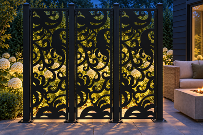 Design 409 Bold Cloud Leaf Laser Cut Metal Privacy Screen Panel installed garden night lighting view