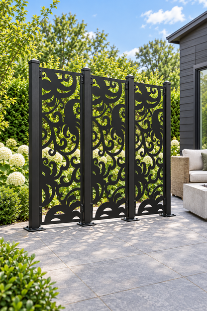 Design 409 Bold Cloud Leaf Laser Cut Metal Privacy Screen Panel oblique angle view