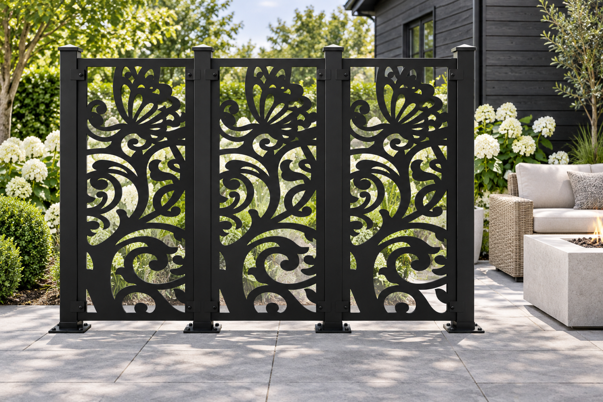 Design 410 Butterfly Leaf Scroll Laser Cut Metal Privacy Screen Panel installed garden daylight view