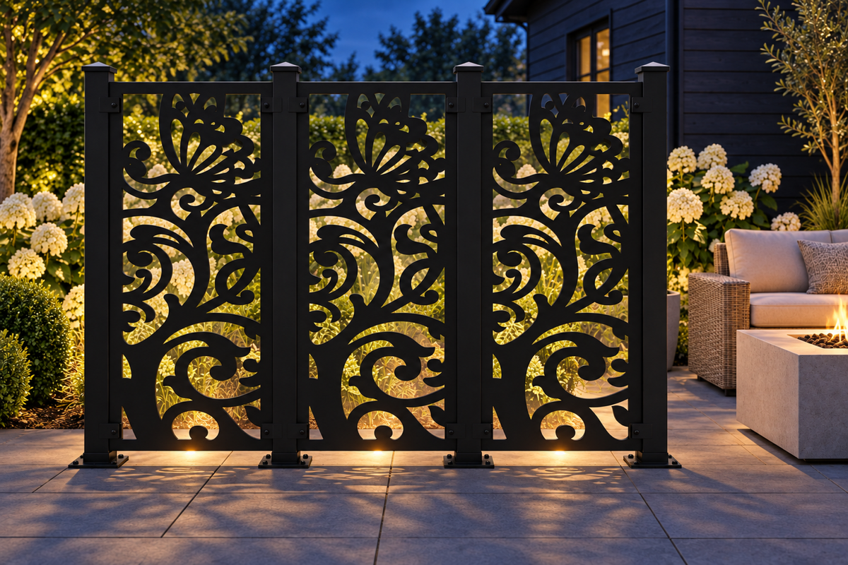 Design 410 Butterfly Leaf Scroll Laser Cut Metal Privacy Screen Panel installed garden night lighting view