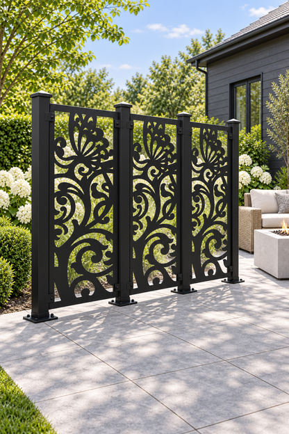 Design 410 Butterfly Leaf Scroll Laser Cut Metal Privacy Screen Panel oblique angle view