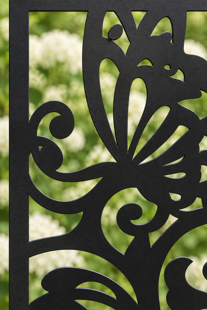 Design 410 Butterfly Leaf Scroll Laser Cut Metal Privacy Screen Panel close-up detail view