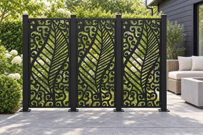 Design 411 Feather and Cloud Laser Cut Metal Privacy Screen Panel installed garden daylight view