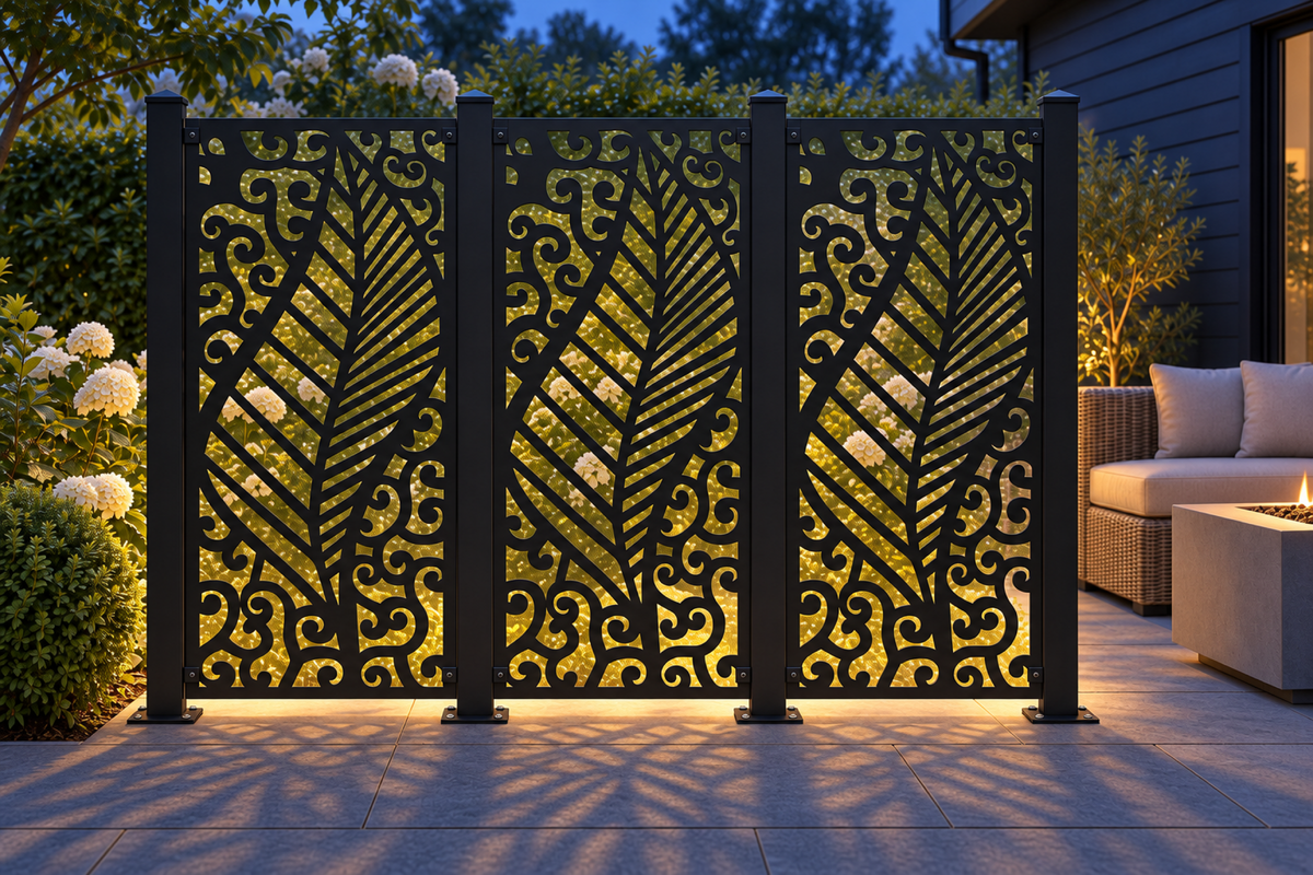 Design 411 Feather and Cloud Laser Cut Metal Privacy Screen Panel installed garden night lighting view