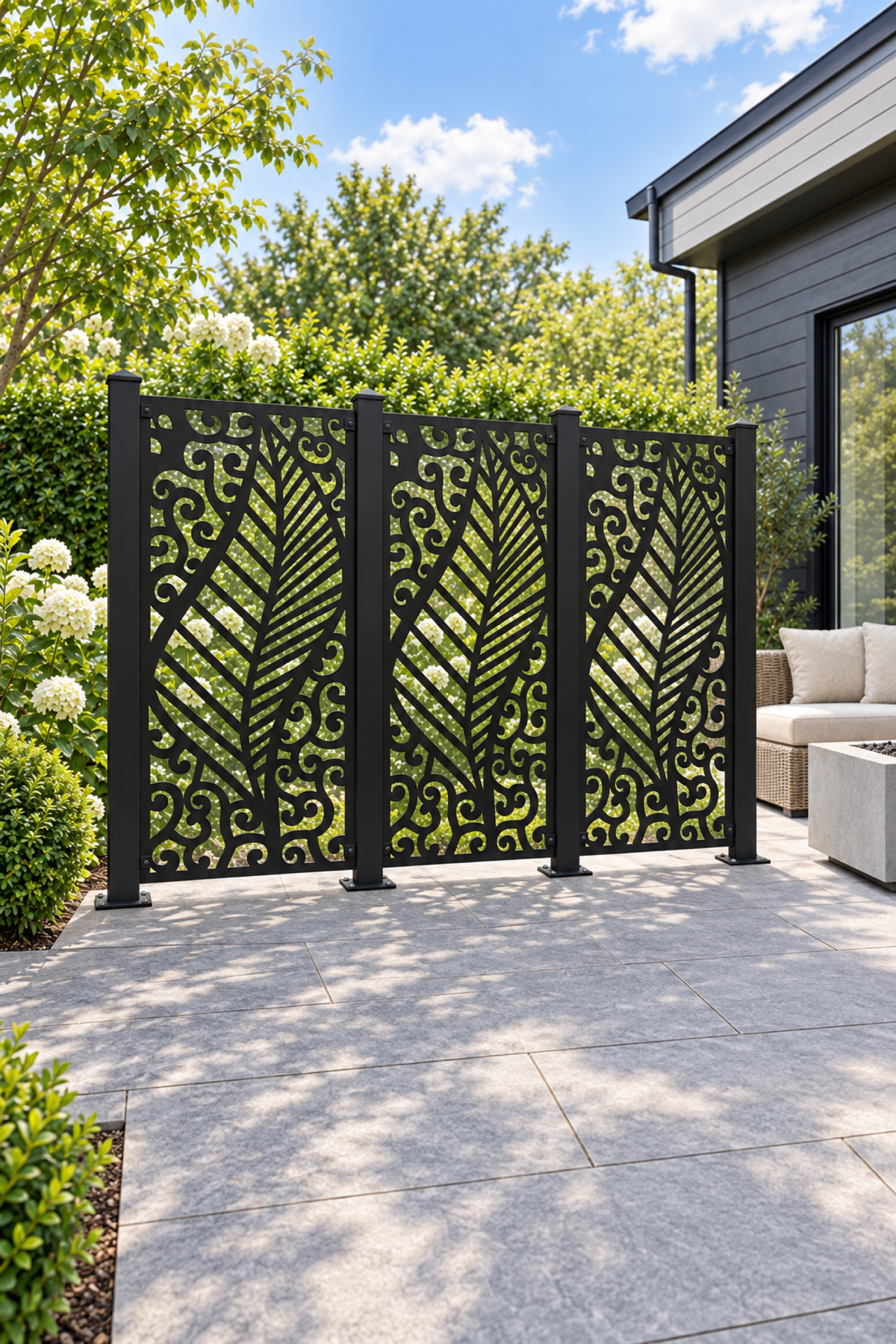 Design 411 Feather and Cloud Laser Cut Metal Privacy Screen Panel oblique angle view