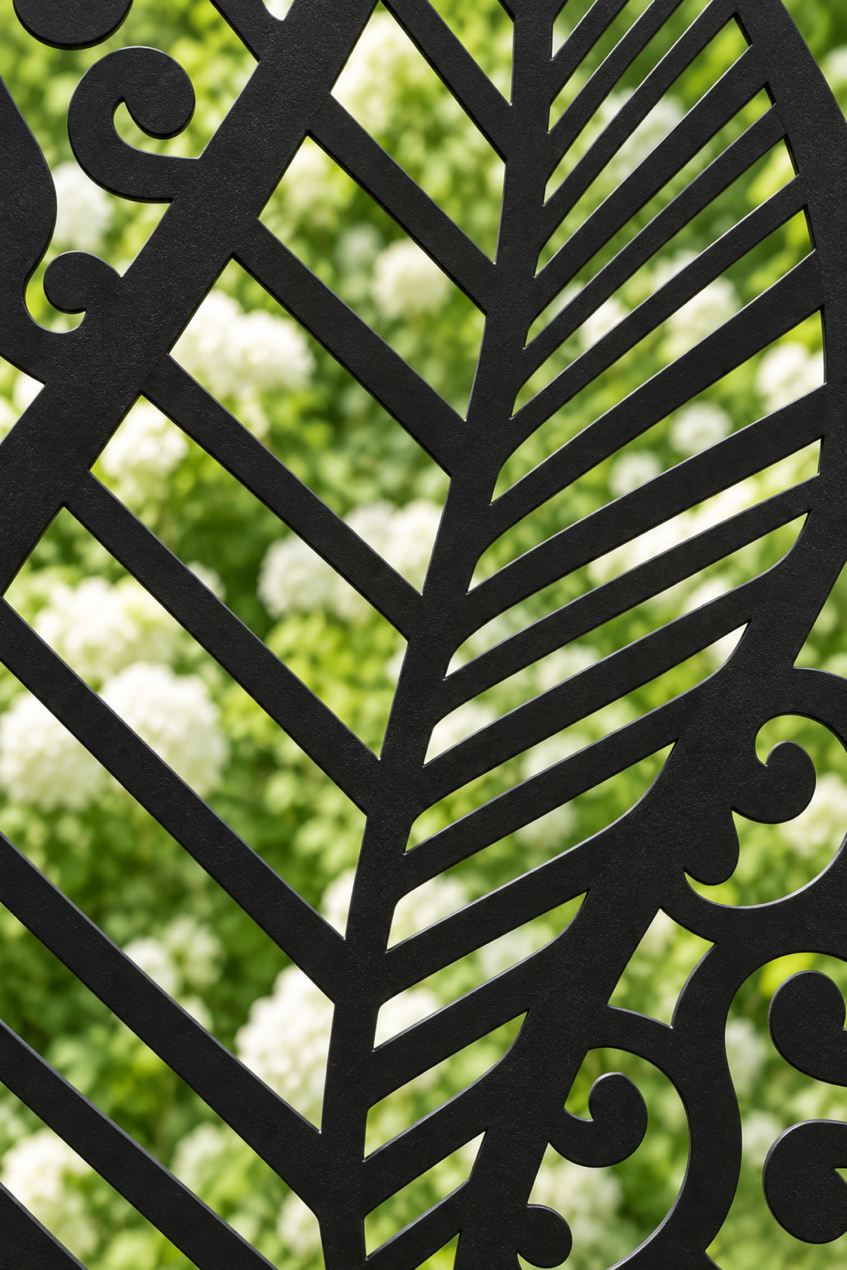 Design 411 Feather and Cloud Laser Cut Metal Privacy Screen Panel close-up detail view