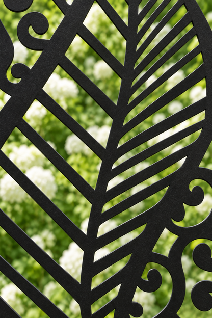 Design 411 Feather and Cloud Laser Cut Metal Privacy Screen Panel close-up detail view