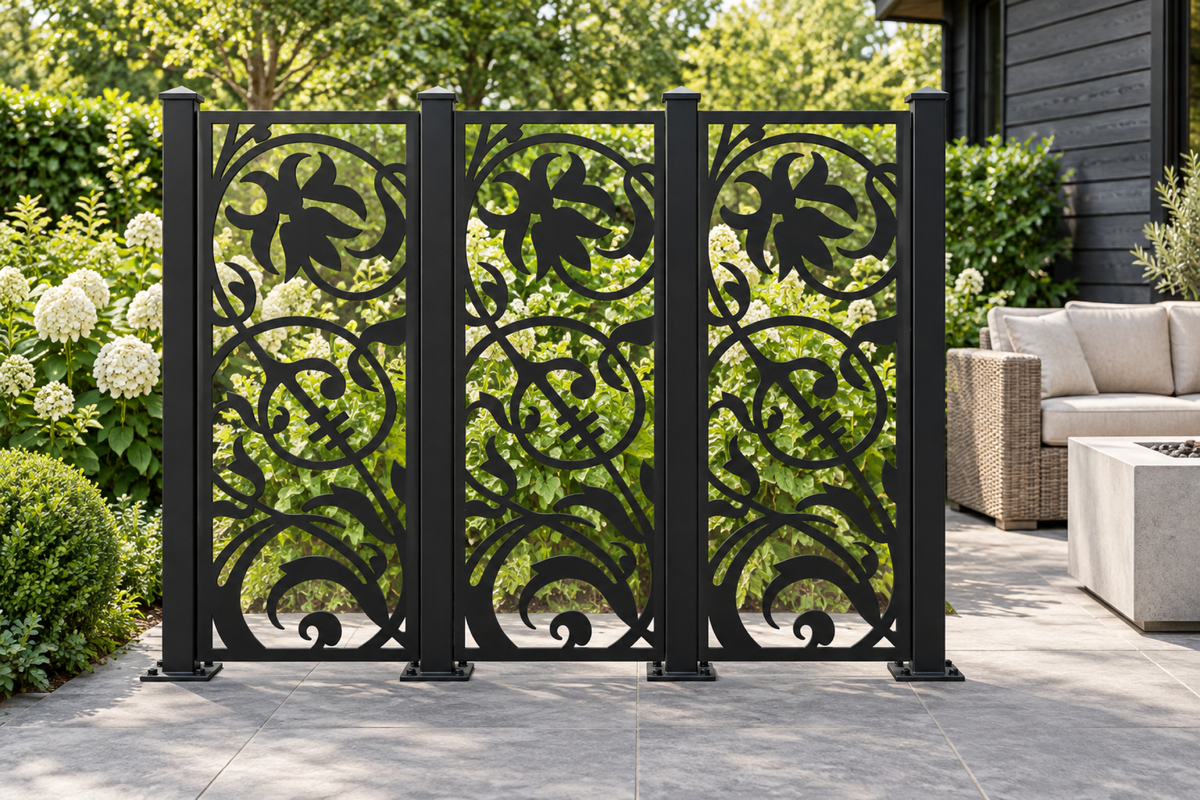 Design 412 Bird Blossom Curl Laser Cut Metal Privacy Screen Panel installed garden daylight view