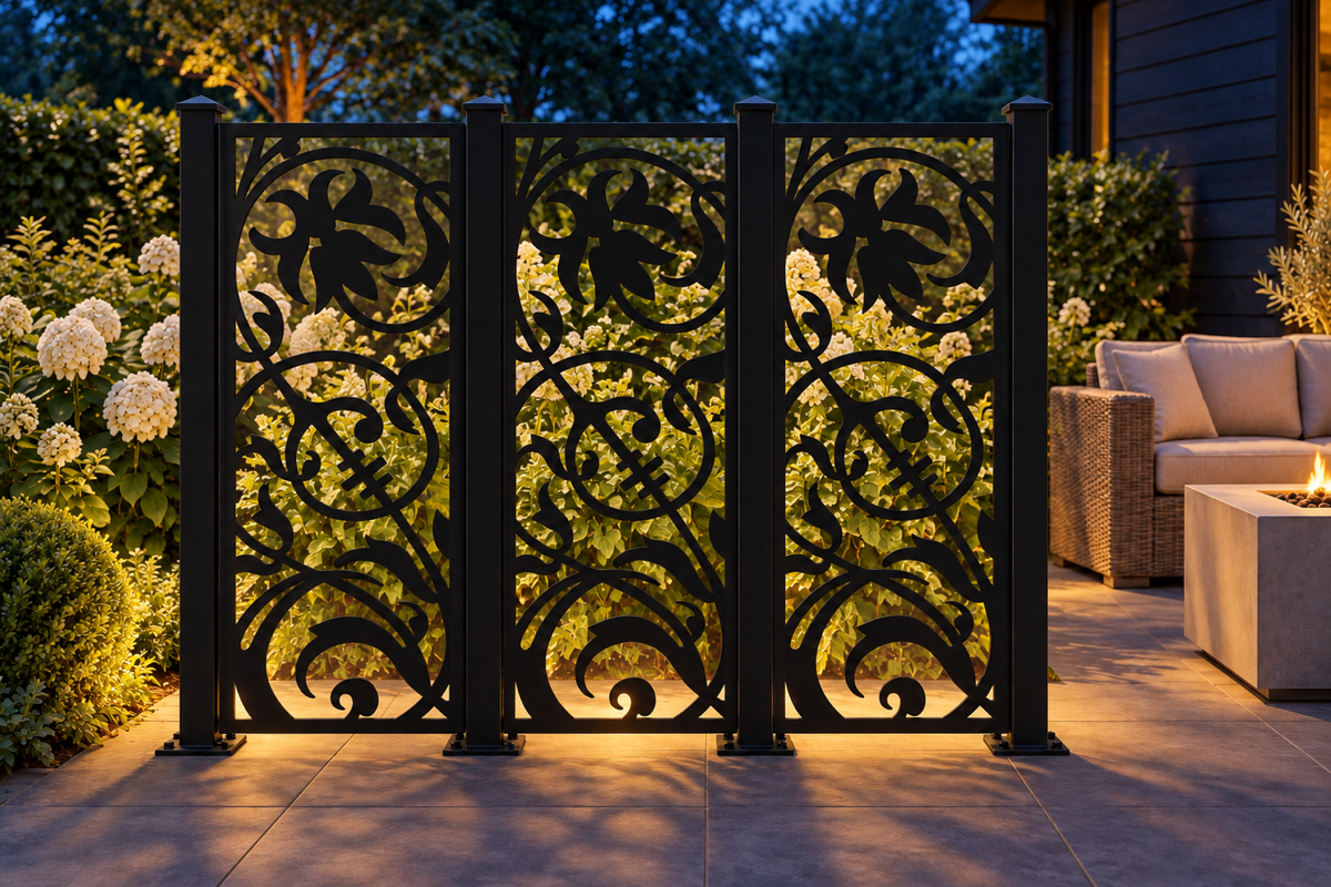 Design 412 Bird Blossom Curl Laser Cut Metal Privacy Screen Panel installed garden night lighting view